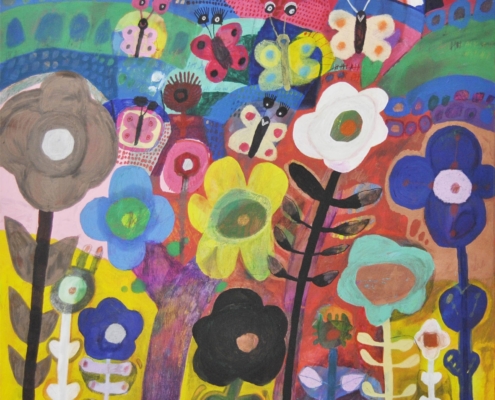 Opera di Federico Santini, pittura pop contemporanea con figure oniriche e colori morbidi