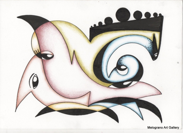 Opera astratta di Giovanni Della Nera, inchiostro e tecniche miste, forme fluide e simboliche ispirate a onde ed energia