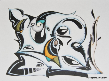 Opera astratta di Giovanni Della Nera, inchiostro e tecniche miste, forme fluide e simboliche ispirate a onde ed energia