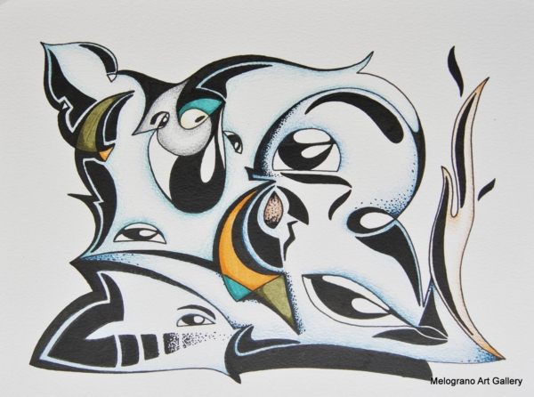 Opera astratta di Giovanni Della Nera, inchiostro e tecniche miste, forme fluide e simboliche ispirate a onde ed energia