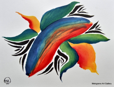 Opera astratta di Giovanni Della Nera, inchiostro e tecniche miste, forme fluide e simboliche ispirate a onde ed energia