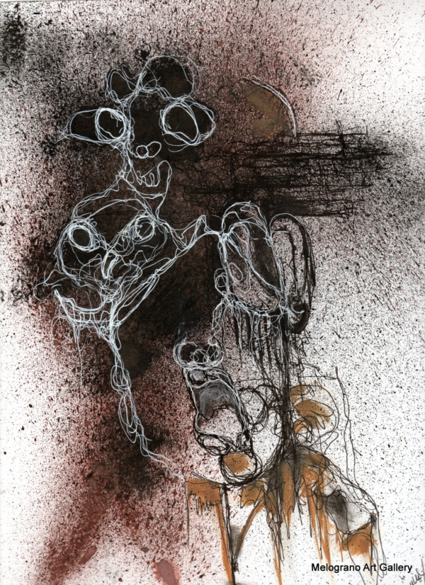 Opera di Lemmy Gonthier, volto umano deformato e sguardo intenso, pittura figurativa espressiva contemporanea