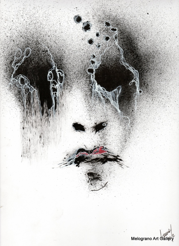 Opera di Lemmy Gonthier, volto umano deformato e sguardo intenso, pittura figurativa espressiva contemporanea