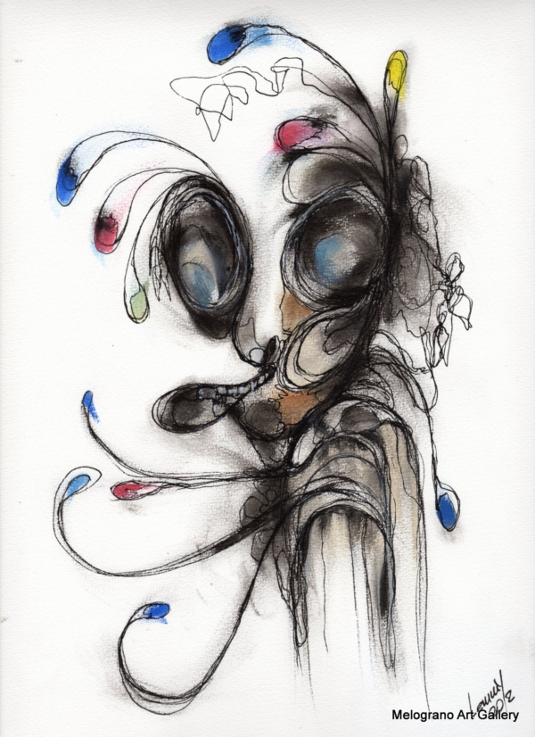 Opera di Lemmy Gonthier, volto umano deformato e sguardo intenso, pittura figurativa espressiva contemporanea