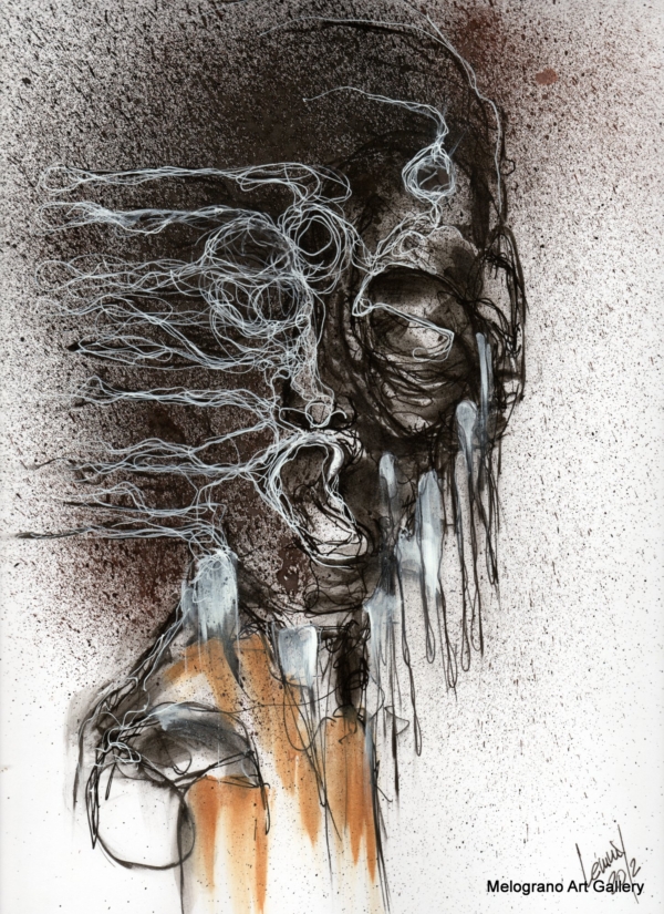 Opera di Lemmy Gonthier, volto umano deformato e sguardo intenso, pittura figurativa espressiva contemporanea