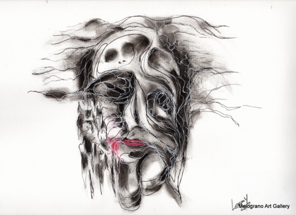 Opera di Lemmy Gonthier, volto umano deformato e sguardo intenso, pittura figurativa espressiva contemporanea