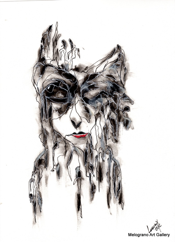 Opera di Lemmy Gonthier, volto umano deformato e sguardo intenso, pittura figurativa espressiva contemporanea