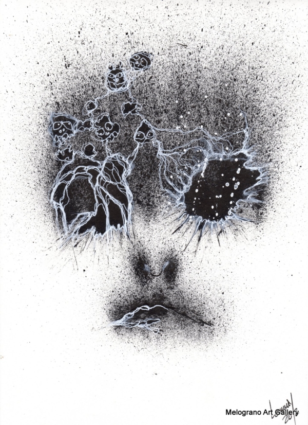 Opera di Lemmy Gonthier, volto umano deformato e sguardo intenso, pittura figurativa espressiva contemporanea