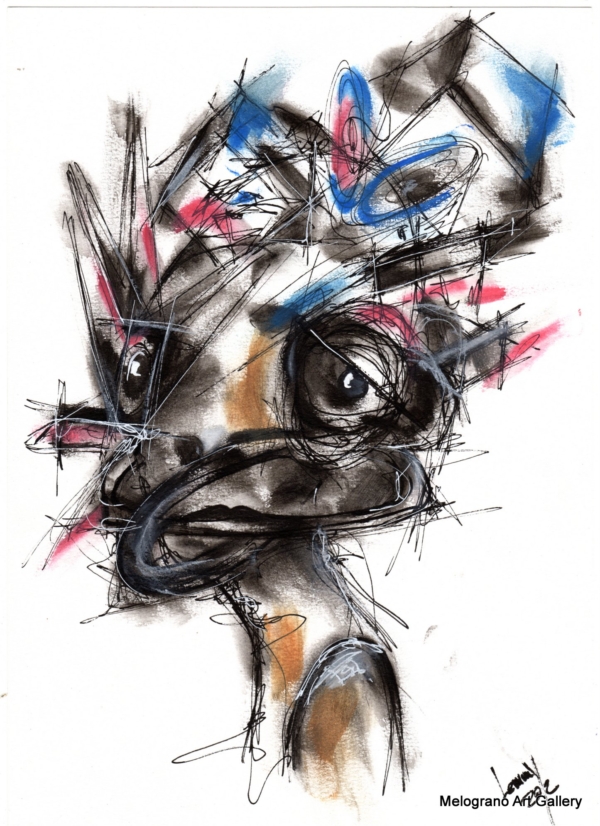 Opera di Lemmy Gonthier, volto umano deformato e sguardo intenso, pittura figurativa espressiva contemporanea