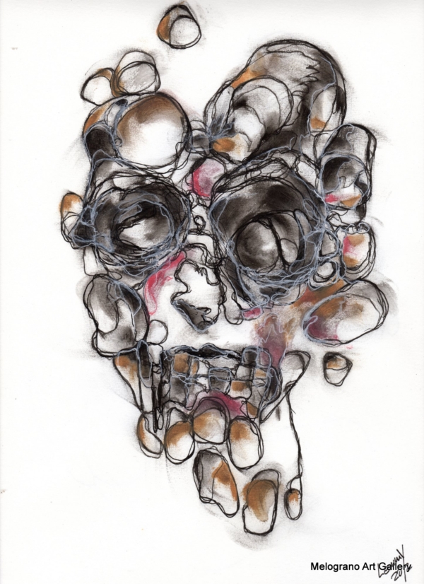 Opera di Lemmy Gonthier, volto umano deformato e sguardo intenso, pittura figurativa espressiva contemporanea