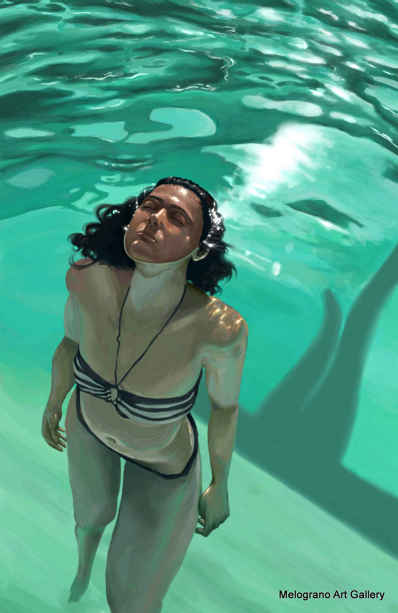 Quadro di Gabriella MAria Coppetti. Giovane bagnante immersa nell’acqua, occhi chiusi, stile realistico introspettivo