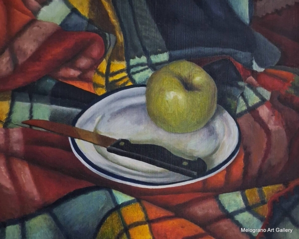 Quadro di Gabriella MAria Coppetti. Una insolita natura morta con plaid e mela