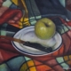 Quadro di Gabriella MAria Coppetti. Una insolita natura morta con plaid e mela