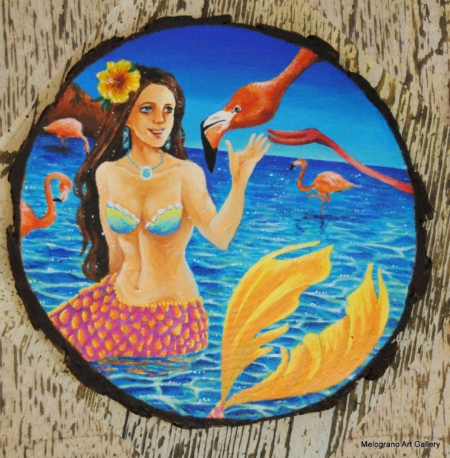 Dipinto su disco di legno con personaggio fantasy e animale fatato del bosco, stile tenero e fiabesco