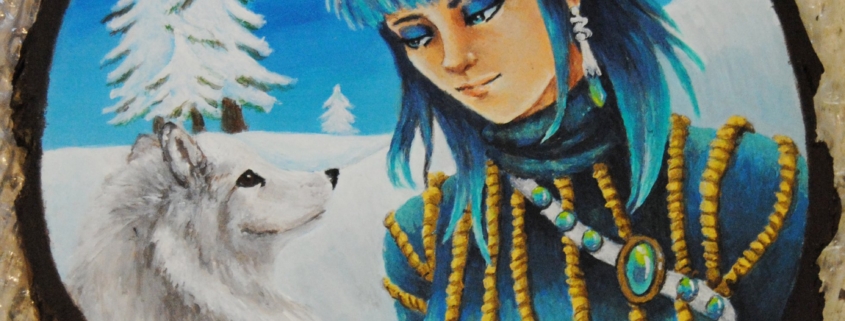 Gabriella Maria Coppetti Alberi Fantasy (2) Dipinto su disco di legno con personaggio fantasy e animale fatato del bosco, stile tenero e fiabesco