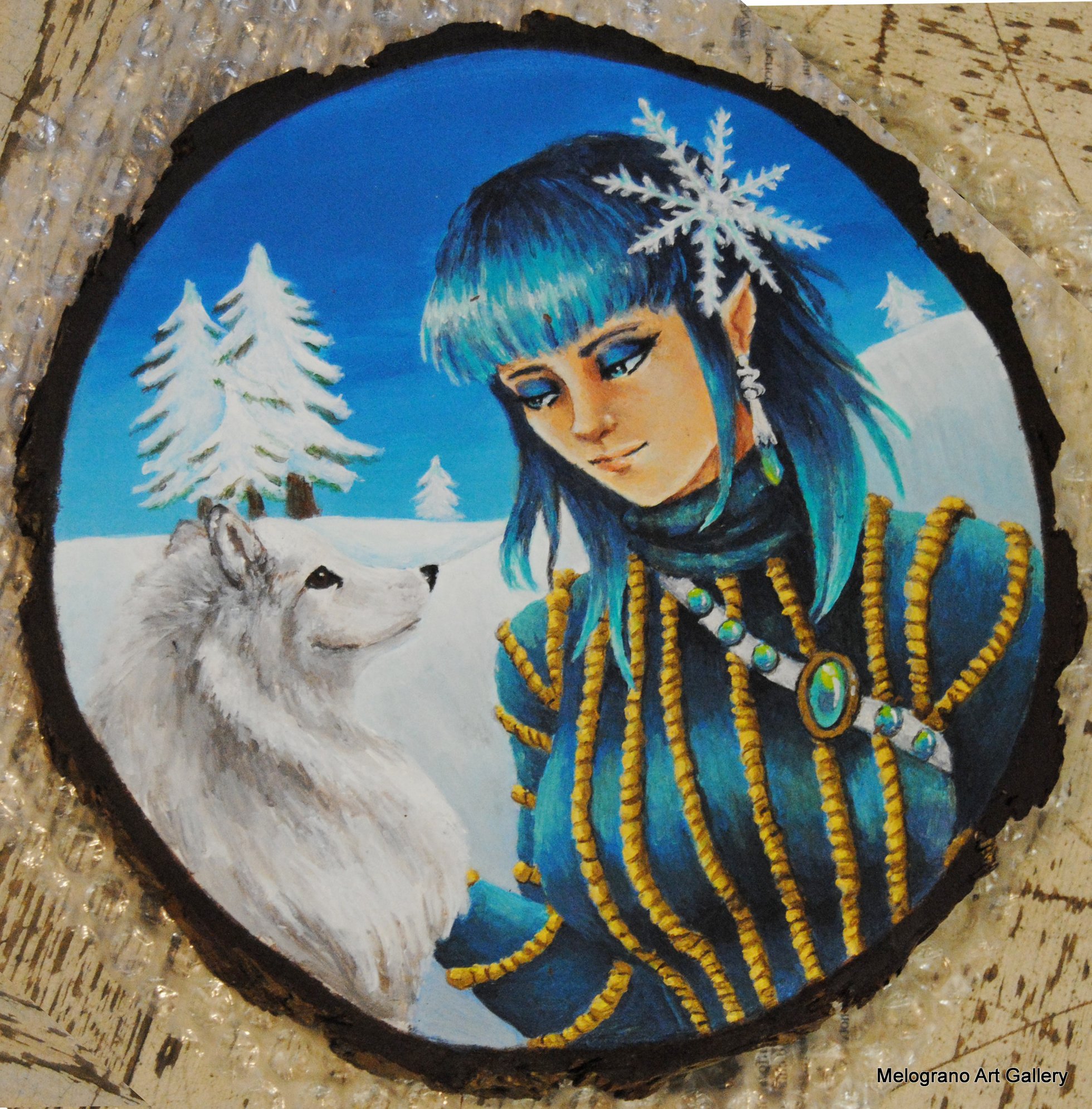 Dipinto su disco di legno con personaggio fantasy e animale fatato del bosco, stile tenero e fiabesco