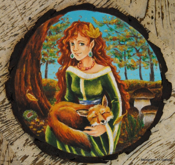 Dipinto su disco di legno con personaggio fantasy e animale fatato del bosco, stile tenero e fiabesco