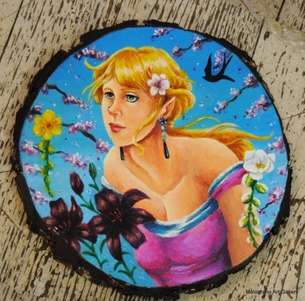 Dipinto su disco di legno con personaggio fantasy e animale fatato del bosco, stile tenero e fiabesco