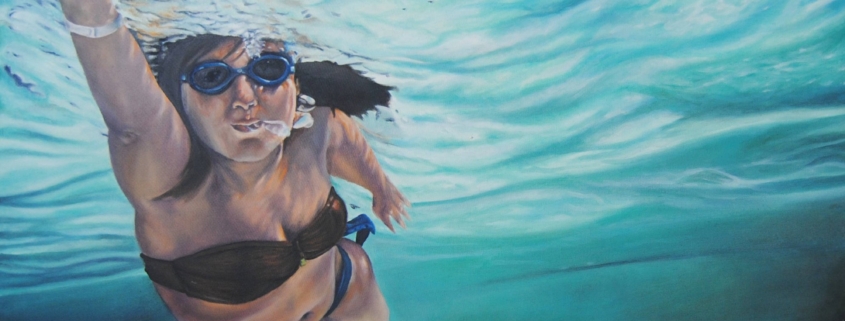 Gabriella Maria Coppetti Bagnante (3) Quadro di Gabriella MAria Coppetti. Giovane bagnante immersa nell’acqua, occhi chiusi, stile realistico introspettivo