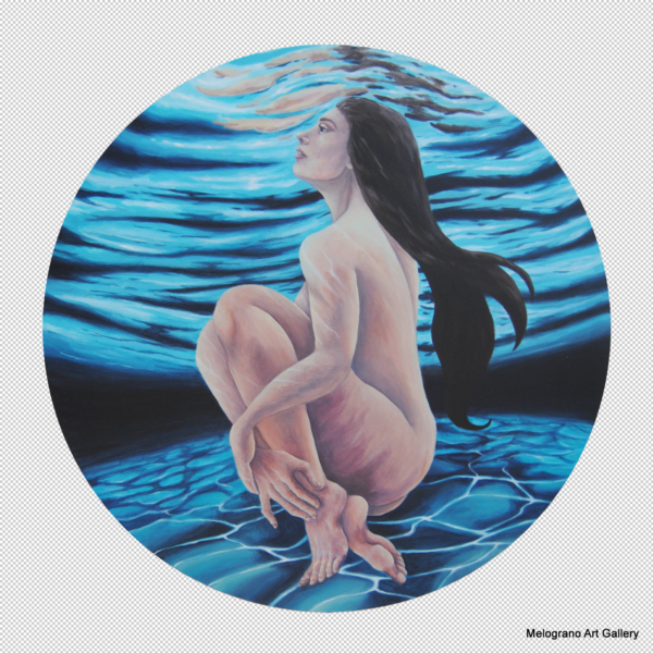 Quadro di Gabriella MAria Coppetti. Giovane bagnante immersa nell’acqua, occhi chiusi, stile realistico introspettivo