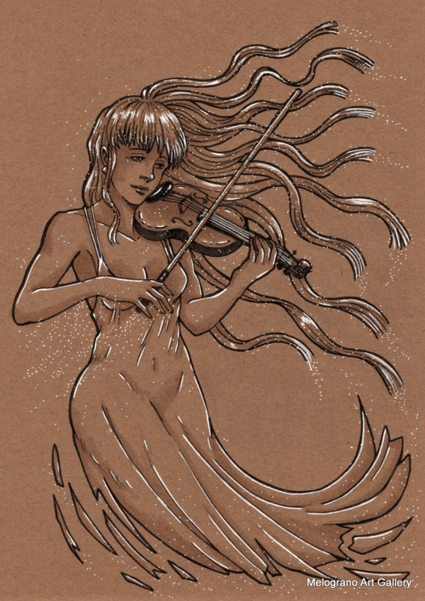 “Violinista su carta marrone, tratto fine, capelli e veste fluttuanti, atmosfera acquatica e sognante