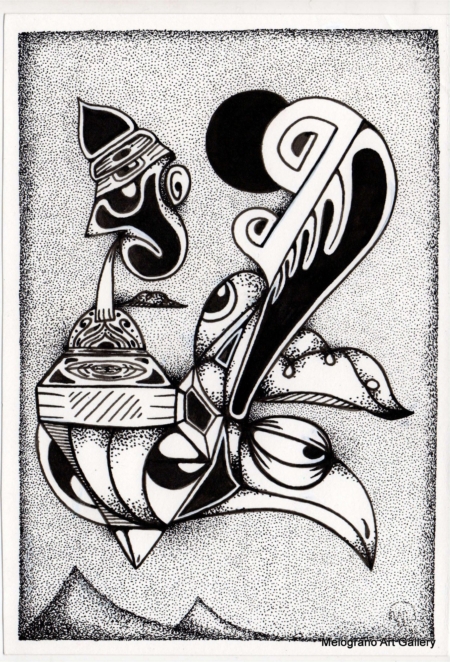 Opera astratta di Giovanni Della Nera, inchiostro e tecniche miste, forme fluide e simboliche ispirate a onde ed energia