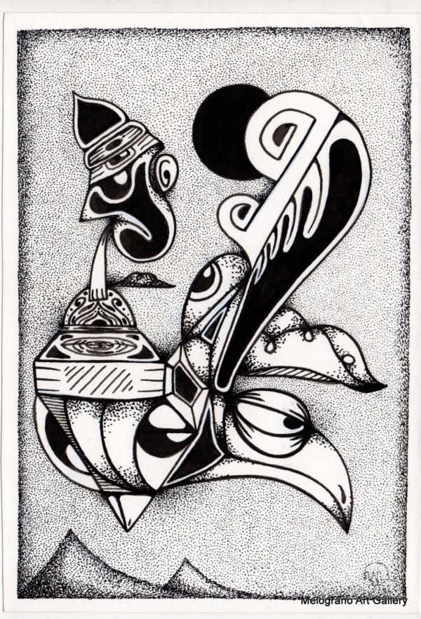 Opera astratta di Giovanni Della Nera, inchiostro e tecniche miste, forme fluide e simboliche ispirate a onde ed energia