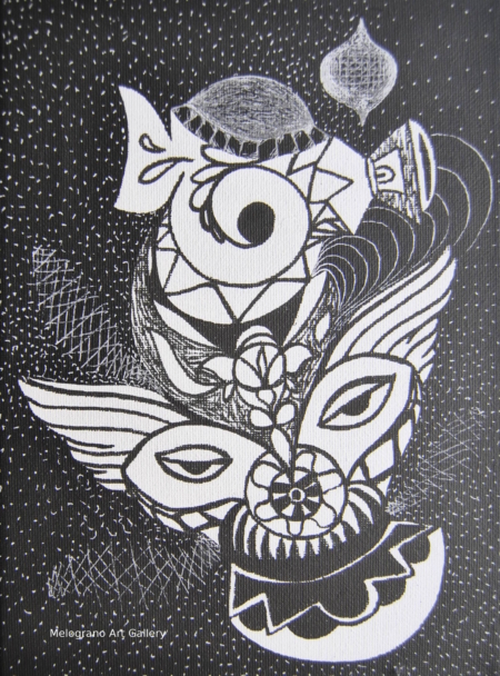 Opera astratta di Giovanni Della Nera, inchiostro e tecniche miste, forme fluide e simboliche ispirate a onde ed energia