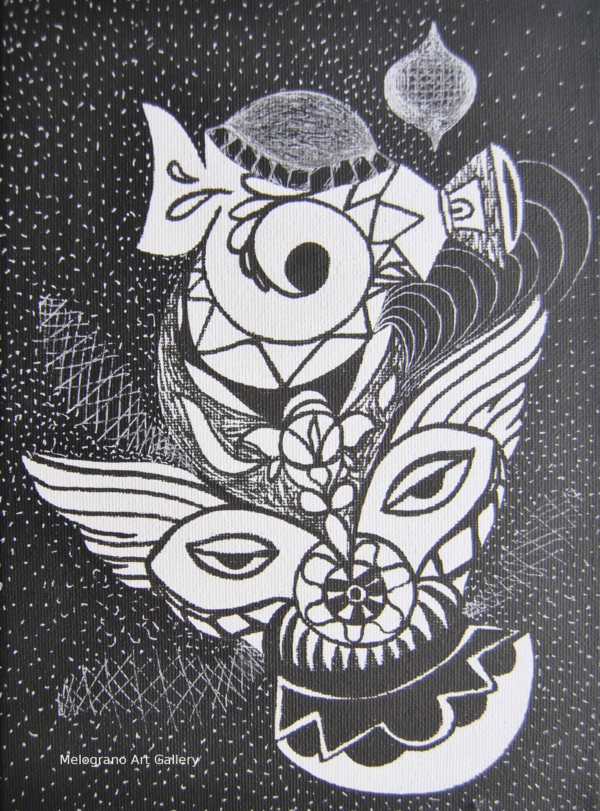 Opera astratta di Giovanni Della Nera, inchiostro e tecniche miste, forme fluide e simboliche ispirate a onde ed energia