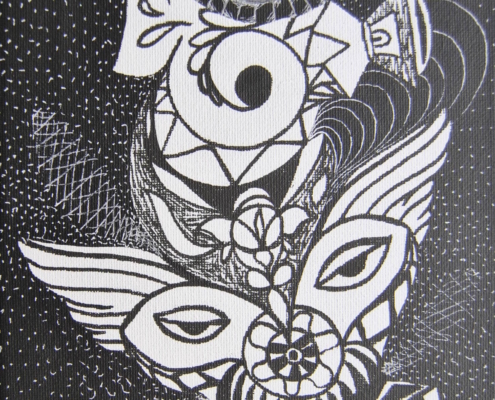 Opera astratta di Giovanni Della Nera, inchiostro e tecniche miste, forme fluide e simboliche ispirate a onde ed energia