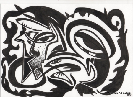 Opera astratta di Giovanni Della Nera, inchiostro e tecniche miste, forme fluide e simboliche ispirate a onde ed energia