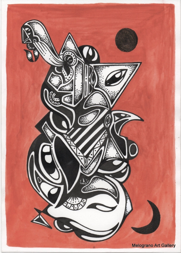 Opera astratta di Giovanni Della Nera, inchiostro e tecniche miste, forme fluide e simboliche ispirate a onde ed energia