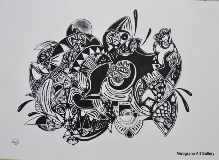 Opera astratta di Giovanni Della Nera, inchiostro e tecniche miste, forme fluide e simboliche ispirate a onde ed energia