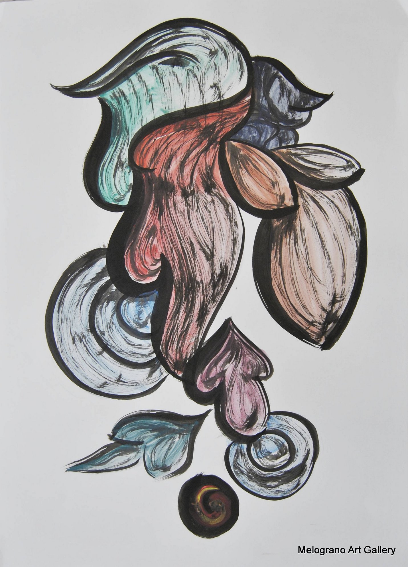 Opera astratta di Giovanni Della Nera, inchiostro e tecniche miste, forme fluide e simboliche ispirate a onde ed energia