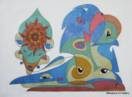 Opera astratta di Giovanni Della Nera, inchiostro e tecniche miste, forme fluide e simboliche ispirate a onde ed energia