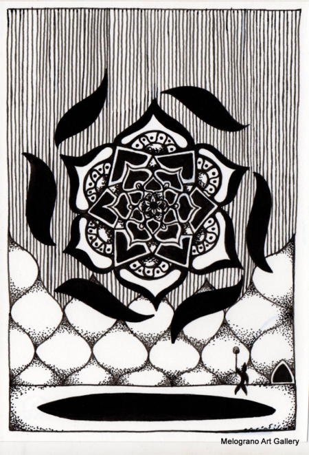 Opera astratta di Giovanni Della Nera, inchiostro e tecniche miste, forme fluide e simboliche ispirate a onde ed energia