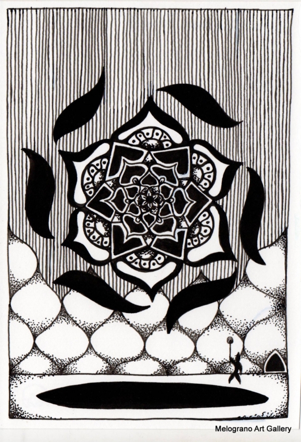 Opera astratta di Giovanni Della Nera, inchiostro e tecniche miste, forme fluide e simboliche ispirate a onde ed energia