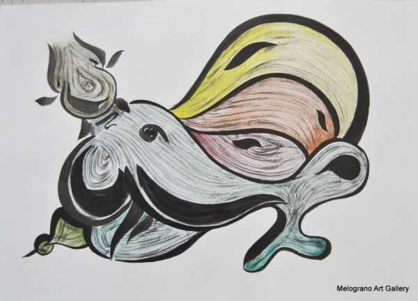 Opera astratta di Giovanni Della Nera, inchiostro e tecniche miste, forme fluide e simboliche ispirate a onde ed energia