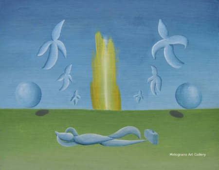 Opera astratta di Giovanni Della Nera, inchiostro e tecniche miste, forme fluide e simboliche ispirate a onde ed energia