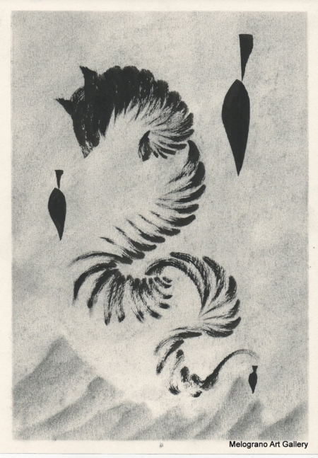 Opera astratta di Giovanni Della Nera, inchiostro e tecniche miste, forme fluide e simboliche ispirate a onde ed energia