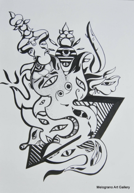 Opera astratta di Giovanni Della Nera, inchiostro e tecniche miste, forme fluide e simboliche ispirate a onde ed energia