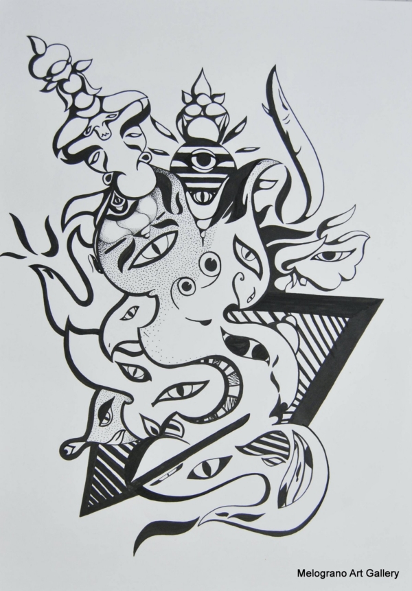 Opera astratta di Giovanni Della Nera, inchiostro e tecniche miste, forme fluide e simboliche ispirate a onde ed energia