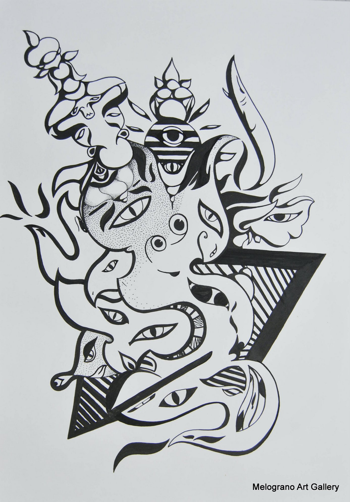 Opera astratta di Giovanni Della Nera, inchiostro e tecniche miste, forme fluide e simboliche ispirate a onde ed energia