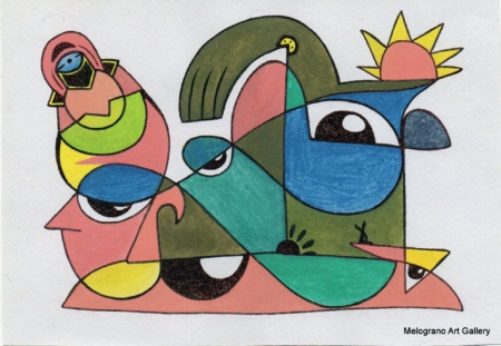 Opera astratta di Giovanni Della Nera, inchiostro e tecniche miste, forme fluide e simboliche ispirate a onde ed energia