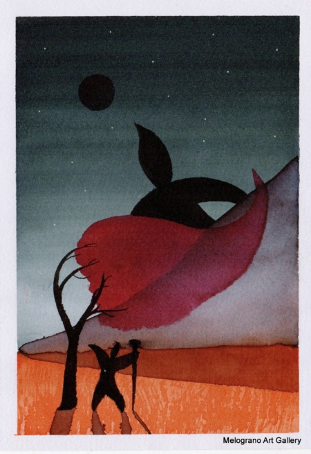 Opera astratta di Giovanni Della Nera, inchiostro e tecniche miste, forme fluide e simboliche ispirate a onde ed energia