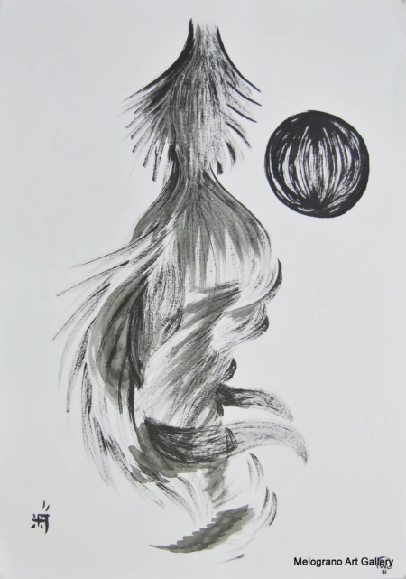 Opera astratta di Giovanni Della Nera, inchiostro e tecniche miste, forme fluide e simboliche ispirate a onde ed energia