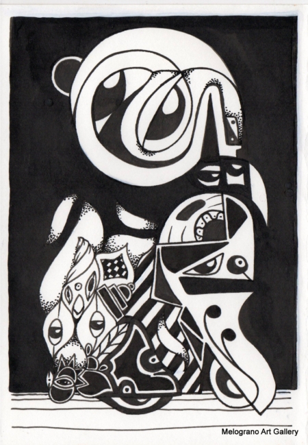 Opera astratta di Giovanni Della Nera, inchiostro e tecniche miste, forme fluide e simboliche ispirate a onde ed energia