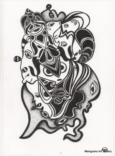 Opera astratta di Giovanni Della Nera, inchiostro e tecniche miste, forme fluide e simboliche ispirate a onde ed energia