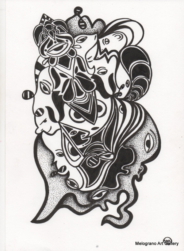 Opera astratta di Giovanni Della Nera, inchiostro e tecniche miste, forme fluide e simboliche ispirate a onde ed energia