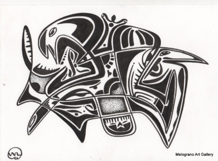 Opera astratta di Giovanni Della Nera, inchiostro e tecniche miste, forme fluide e simboliche ispirate a onde ed energia